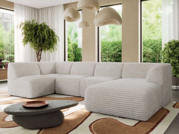 Modulares XXL-Ecksofa MODARO 5M, U-Form, Wohnlandschaft, 5-teilig, freistehend, Wohnzimmer Couch, HR-Schaumstoff - Beige Cord - Rechts