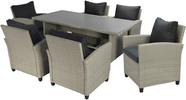 KONIFERA Garten-Essgruppe Amsterdam, (Set, 19-tlg, 6x Sessel, 6x Sitzauflagen, 6x Rückenauflagen, 1x Tisch), bestehend aus 6 Sesseln, 12 Sitz- und Rückenkissen und 1 Tisch