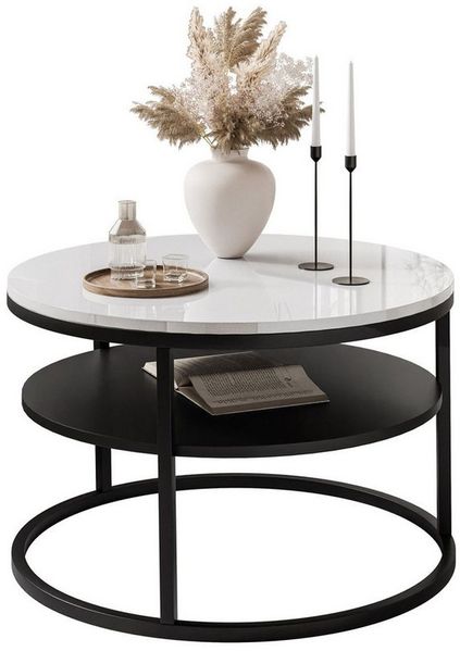 Lookway Couchtisch Ciri 60 mit Ablage, schwarzem Gestell und Hochglanzplatte (1 Tische), Durchmesser: ⌀60 cm