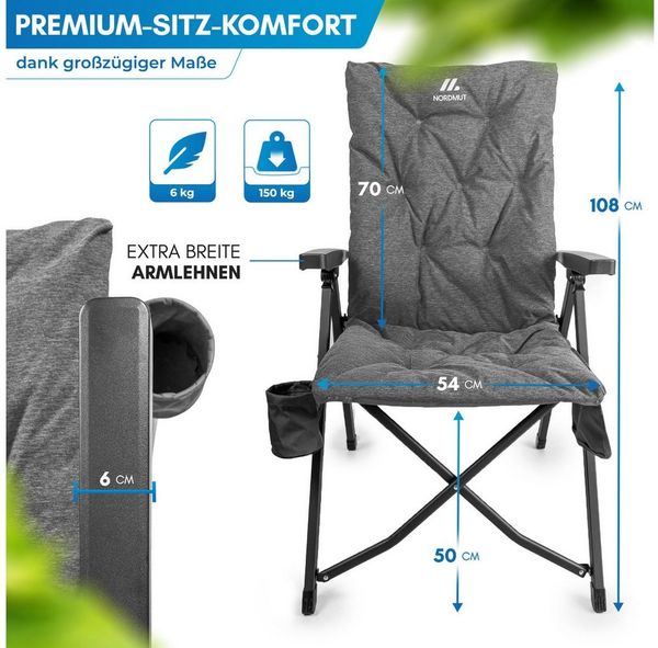 Nordmut Campingstuhl verstellbare Rückenlehne 4-fach, gepolstert, kompakt, Sitzen & Liegen (Spar-Set, 2 St), hohe Lehne, klappbar, 140kg belastbar, ergonomische Sitzform, Armlehne Bild 2