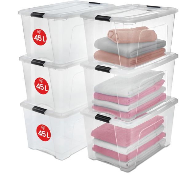 Iris Ohyama Aufbewahrungsboxen mit Deckel, 45L, 6er-Set, Transparent, Sicherer Verschluss, Stapelbar, Griffe, Schlafzimmer, Schrank, Büro, Organisation, BPA-freies Plastik, Ordnungsboxen, NTB-45