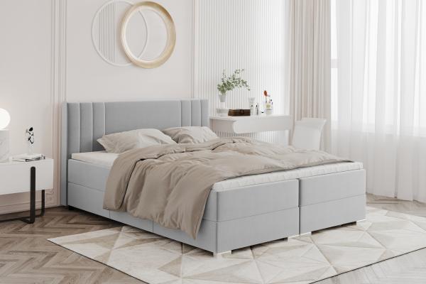 MEBLINI Boxspringbett ALBA 180x200 cm mit Bettkasten – H3B/Hellgrau Samt Polsterbett - Doppelbett mit Topper & Bonellfederkern-Matratze