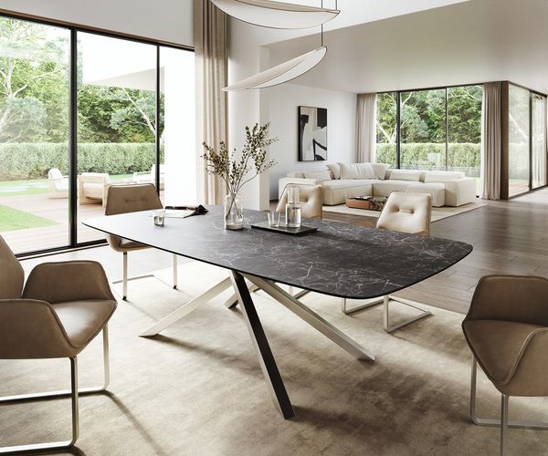 Esstisch Edge Boot 260x120 cm Keramik Laminam® Nero Greco Anthrazit Kreuzgestell Rechteck Edelstahl