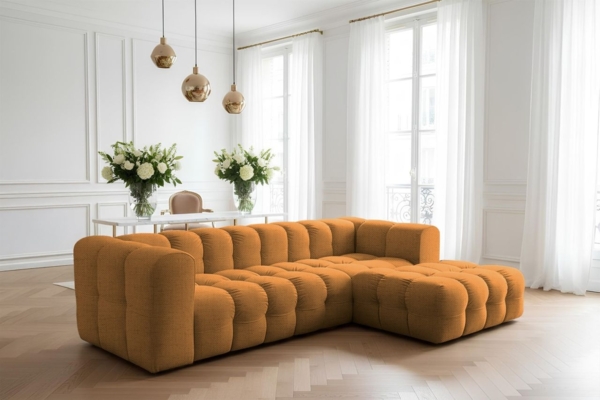 Ecksofa Designersofa SOLVIE in Stoff Moly Orange Ottomane Rechts