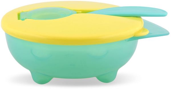 Baby Care Kinderschüssel Kunststoff, Löffel, Deckel, Essschale rutschfest, Griff grün