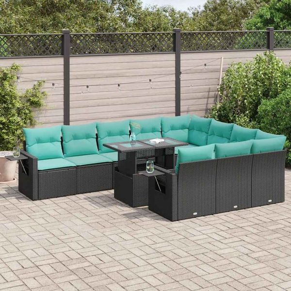 vidaXL 11-tlg. Garten-Sofagarnitur mit Kissen Schwarz Poly Rattan 3326548