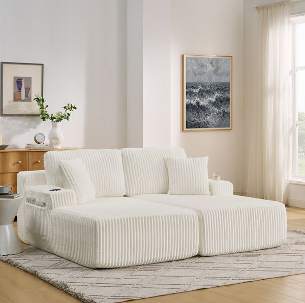 Schlafsofa 2-Sitzer 78cm×186cm×154cm mit Getränkehalter und Seitentasche – Kordstoff in Beige