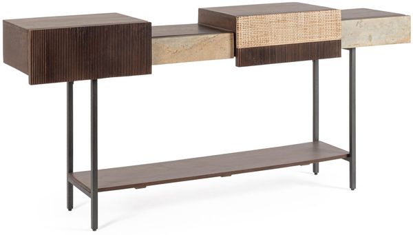 Konsole Kibina aus Mangoholz, Retro Chic Design, braun, mit Schubladen und Naturstein-Details