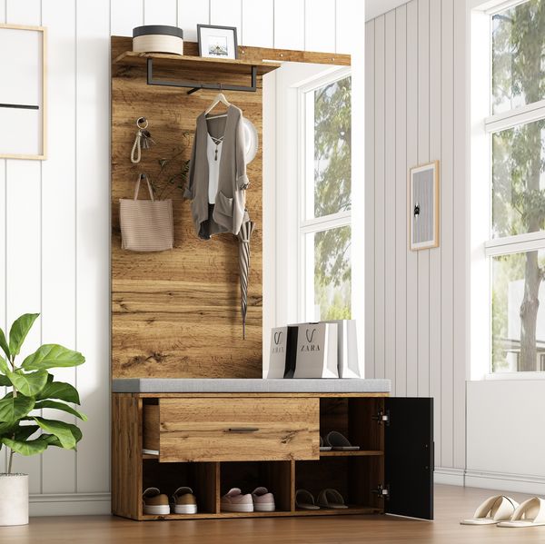 Garderobenset 104 x 39 x 190 cm in Eichefarben mit Spiegel, Schuhbank und Haken
