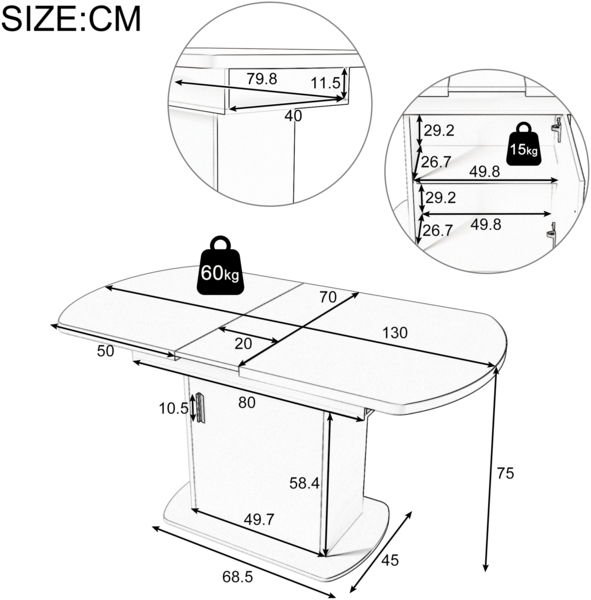 Merax Ausziehbarer ovaler Esstisch, L110/130*W70*H75cm,Esstisch mit Stauraum, Kaffee-Freizeittisch, moderner minimalistischer Esstisch, platzsparender multifunktionaler Esstisch, weiß + goldener Griff Bild 4