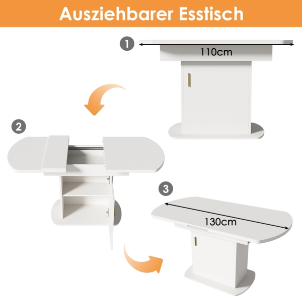 Merax Ausziehbarer ovaler Esstisch, L110/130*W70*H75cm,Esstisch mit Stauraum, Kaffee-Freizeittisch, moderner minimalistischer Esstisch, platzsparender multifunktionaler Esstisch, weiß + goldener Griff Bild 6