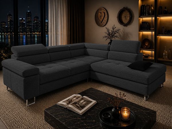 Goldstoff Ecksofa mit Schlaffunktion, Cord Couch für Wohnzimmer - Cord Ecksofa, Cord Sofa VOYAGE 2 Teile, Großer Bettkasten