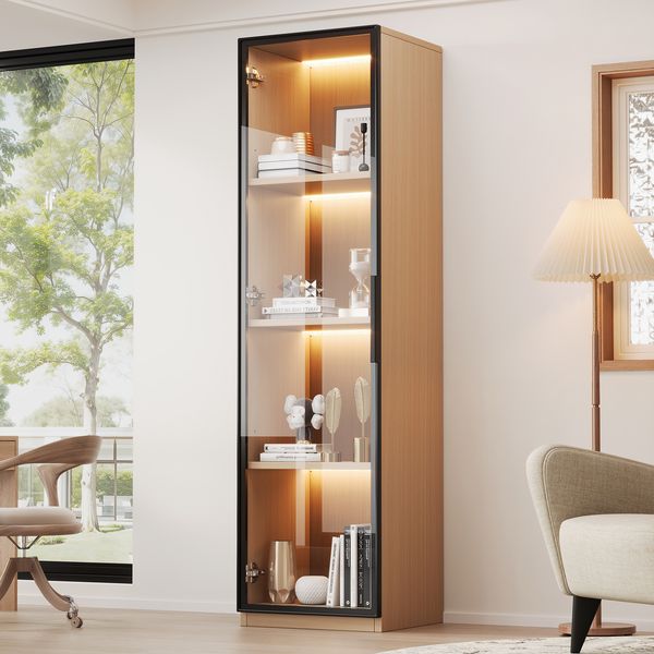 Flieks LED Vitrine 40×40×165 cm, Vitrinenschrank mit gehärteter Glastür, Bücherregal & Sammlerschrank in Eichenoptik