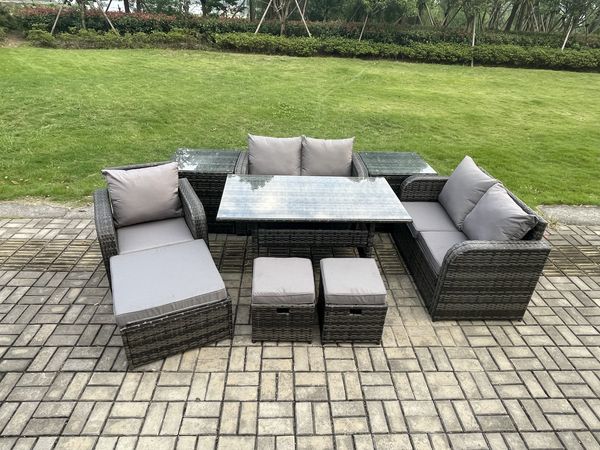 Fimous Rattan Garten Sofa Set Gartenmöbel Langer Rechteckiger Esstisch mit Sesseln 3 Fußhockern 2 Beistelltischen 8 Sitzer Dunkelgrau gemischt