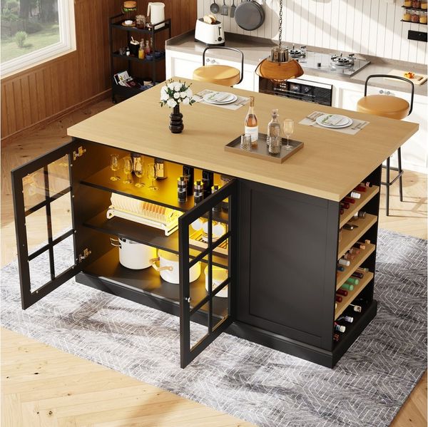 Flieks Kücheninsel mit klapparen Arbeitsplatte in Holzoptik und LED-Beleuchtung, (B120/H90/Tiefe 40-70cm), Multifunktionaler Küchenschrank mit Glastüren und seitlichen Weinregal