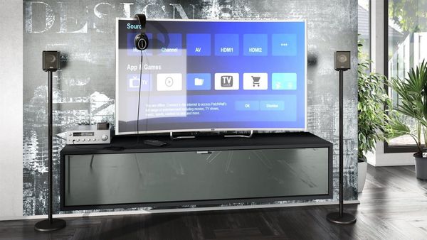 TV Board Lana 140 Hängeschrank Lowboard 140 x 29 x 37 cm, Korpus in Schwarz Matt, Fronten in Grau Hochglanz