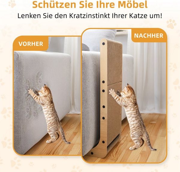 LINUMA Kratzbrett 68cm hoch ür Katzen – langlebig, robust & platzsparend, Katzen Kratzbrett aus Pappe – platzsparend, stabil & umweltfreundlich