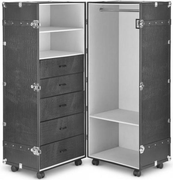 Casa Padrino Luxus Kunstleder Kofferschrank mit Rollen Schwarz / Silber 60 x 86 x H. 143 cm - Schrankkoffer im Vintage Stil - Luxus Accessoires