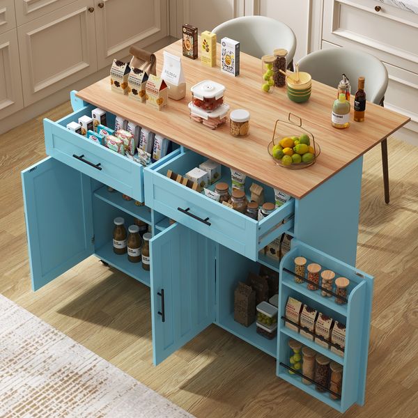 129x46(71)x91,5 cm großer Speisewagen/Sideboard, Arbeitsplatte mit Massivholzmaserung + blauer Schrank/faltbare Arbeitsplatte/Aufbewahrungstür-Design/Räder/Massivholzfüße umschaltbar/für Zuhause geeig