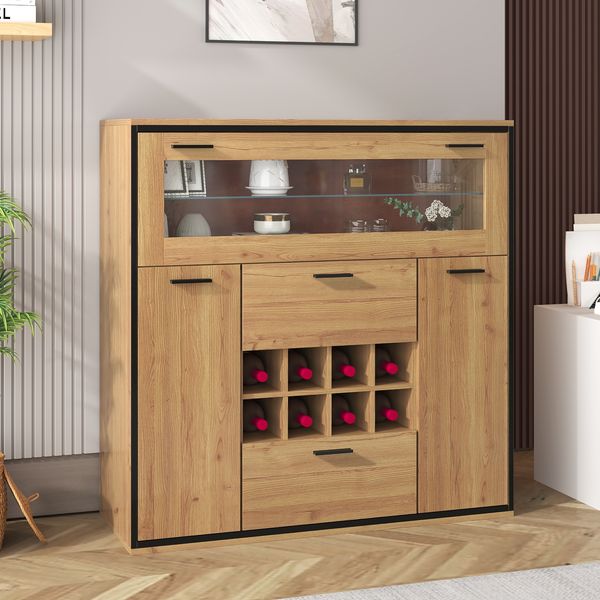 Weinschrank Sideboard 110 x 38 x 111 cm aus Holzwerkstoff in Holzfarbe-Schwarz mit LED-Beleuchtung