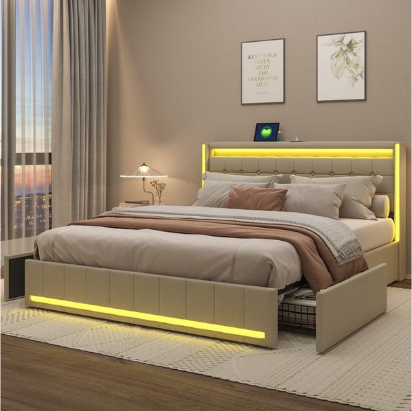 PXloue Polsterbett LED-Bett mit Stauraum und Ladeanschluss (Geeignet für Jugendliche und Erwachsene), Fernbedienung für LED-Farben und sicheres Leinenmaterial.