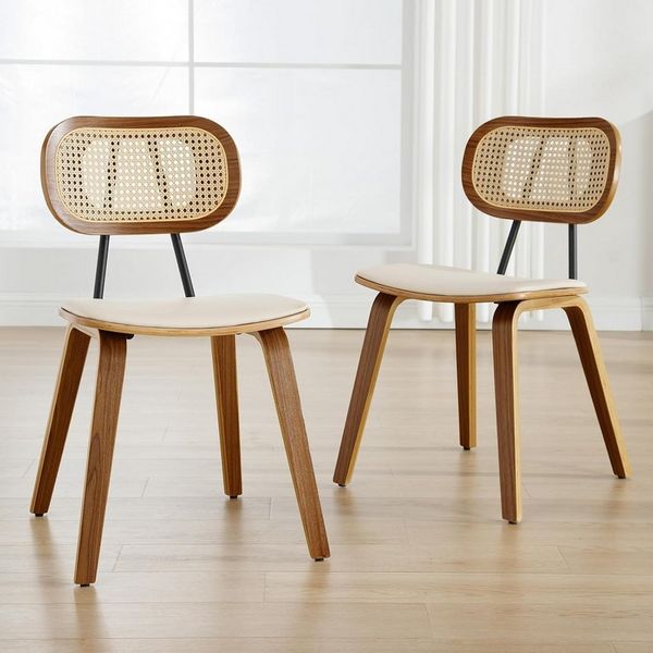 WAHSON OFFICE CHAIRS Esszimmerstuhl 2er Set,mit PU-Leder, Rattan-Rückenlehne und Holz für Küche/Wohnzimmer
