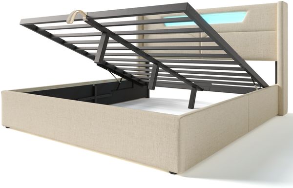 Merax Polsterbett LED Doppelbett mit USB Typ C und LED-Beleuchtung,Baumwolle-Leinen Bezug Stauraumbett 160x200cm, beige Bild 9