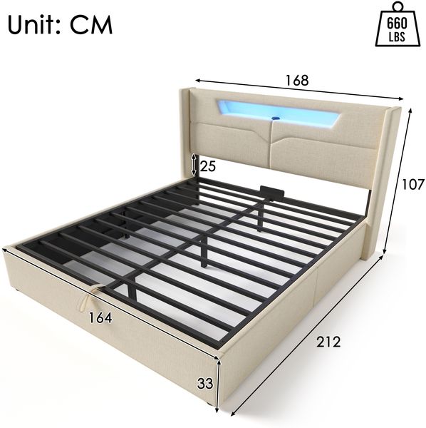 Merax Polsterbett LED Doppelbett mit USB Typ C und LED-Beleuchtung,Baumwolle-Leinen Bezug Stauraumbett 160x200cm, beige Bild 2