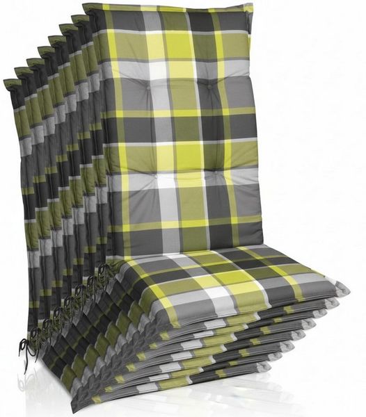 Beautissu Hochlehnerauflage 8er Set Hochlehner Auflagen Set 120x50 cm Polster Grün Kariert, 6cm Dicke Polsterauflage rutschfest UV-Lichtecht 5 Stuhlkissen