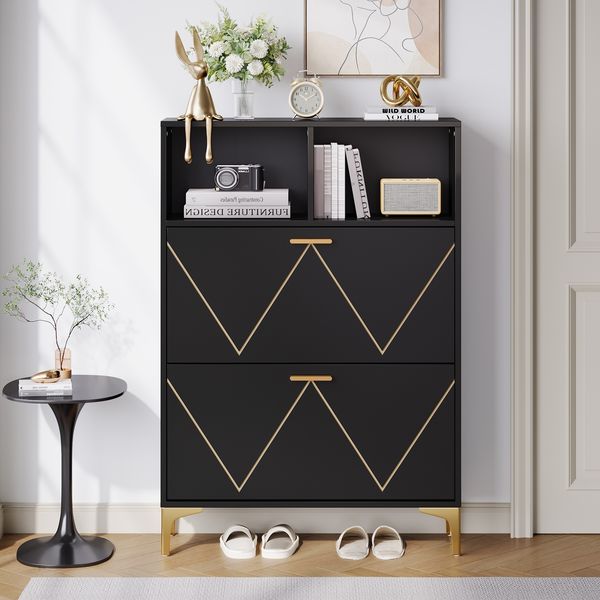 Schuhschrank, MDF mit 2 Klapptüren & 4 Ablagefächern, 80x25x117 cm, Schwarz