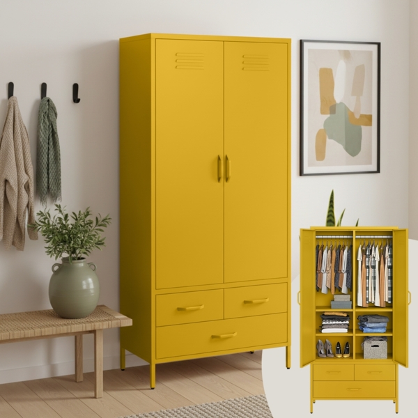 skølm 'Atria' Kleiderschrank mit 3 Schubladen, Metall, 170x45x80 cm, senfgelb, Garderobe mit 4 Fächern und 2 Kleiderstangen