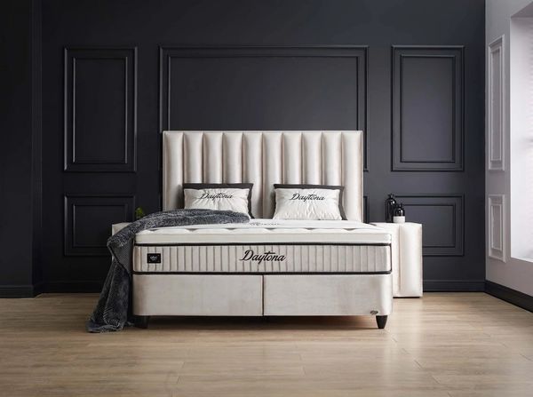 abc bedding Boxspringbett DAYTONA Voll-orthopädisches Komfortbett in Hell Beige Samt Stoffdesign (inkl. Matratze & Topper), Funktionsbett mit Bettkasten, inkl. Bettbank
