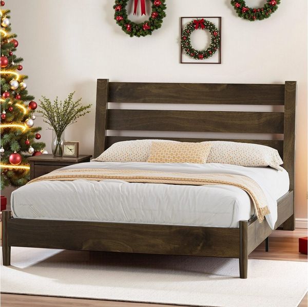 AMERLIFE Massivholzbett mit geneigtem Latten-Kopfteil aus Kiefernholz, Mid-Century Design (Ohne Matratze), Plattenbett Doppelbett 140x200 cm