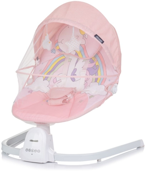 Chipolino Babywippe Oasis Fernbedienung, Timer, Moskitonetz, Gurt, Plüschtiere pink
