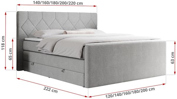 Boxspringbett KING EIGAR, mit einer Doppelmatratze, einem genähten Kopfteil - 120x200 - Hellgrau Stoff - H3 Bild 5