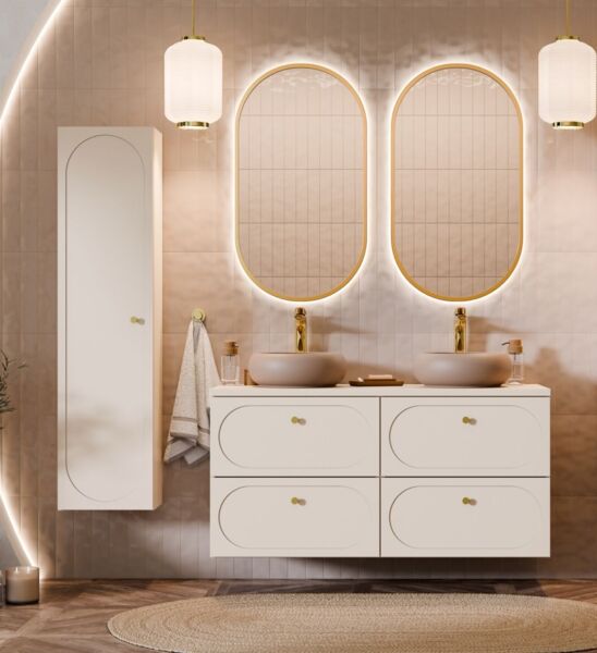 Badmöbel Set 5-tlg Badezimmerset KONA Cashmere Sand Beige Schrank Links ohne Waschtisch