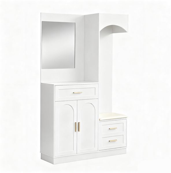 Kompaktgarderobe 110 x 33 x 185,5 cm aus MDF in Weiß mit Spiegel, Schuhbank und verstellbaren Einlegeböden Bild 9