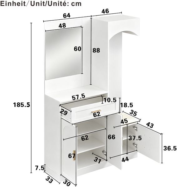 Kompaktgarderobe 110 x 33 x 185,5 cm aus MDF in Weiß mit Spiegel, Schuhbank und verstellbaren Einlegeböden Bild 5