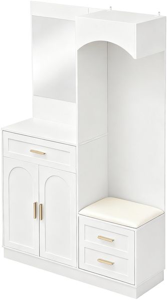 Kompaktgarderobe 110 x 33 x 185,5 cm aus MDF in Weiß mit Spiegel, Schuhbank und verstellbaren Einlegeböden Bild 6