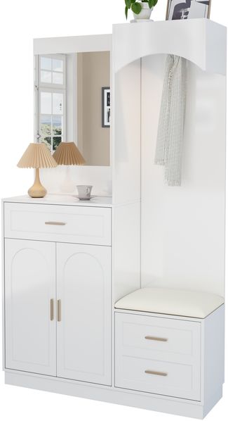 Kompaktgarderobe 110 x 33 x 185,5 cm aus MDF in Weiß mit Spiegel, Schuhbank und verstellbaren Einlegeböden Bild 7