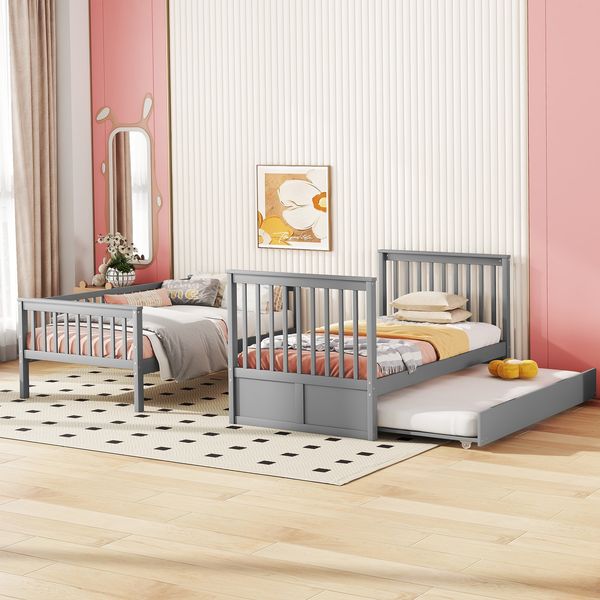 Etagenbett 90x200 cm – Kiefernholz / MDF, ausziehbar und abnehmbar, hohe Geländer, Grau