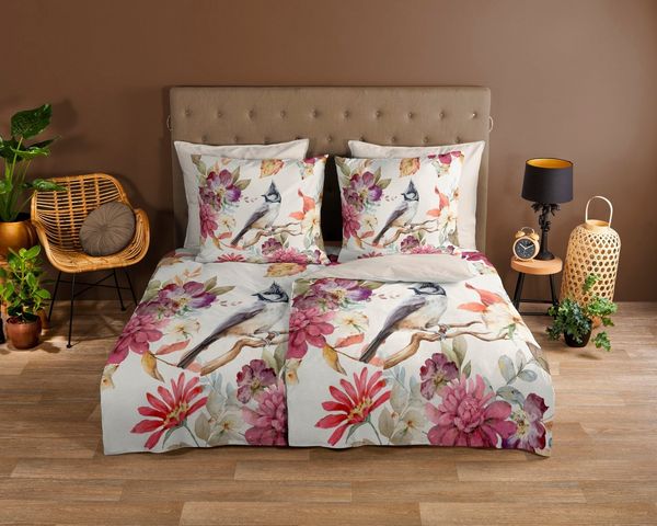 good morning Wendebettwäsche Inga, Renforcé, 2 teilig, 100% Baumwolle, 135x200, Reißverschluss, Wendeoptik, Vogel Blume, Sand