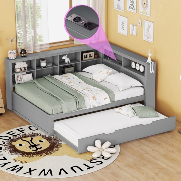Merax Doppelbett, Schlafsofa 140*200, ausziehbares Bett 90*190 mit USB-Steckdose und mehreren Ablagefächern, Massivholzbett, Multifunktionsbett aus Holz, grau