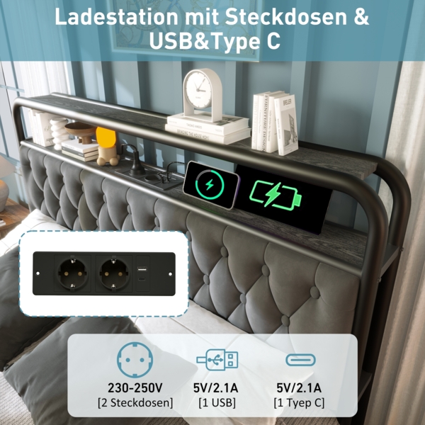 Merax Polsterbett Doppelbett mit aufladen USB Type C Ladefunktion APP-Control LED Bettgestell Metallbett 140×200 Bettrahmen und 4 Schubladen, Samt (Ohne Matratze) , Grau Bild 5