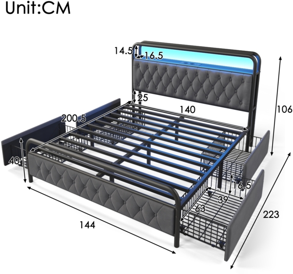 Merax Polsterbett Doppelbett mit aufladen USB Type C Ladefunktion APP-Control LED Bettgestell Metallbett 140×200 Bettrahmen und 4 Schubladen, Samt (Ohne Matratze) , Grau Bild 4