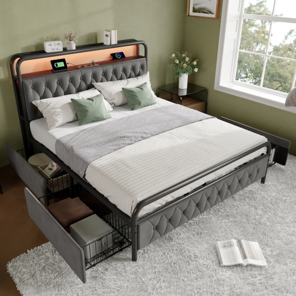 Merax Polsterbett Doppelbett mit aufladen USB Type C Ladefunktion APP-Control LED Bettgestell Metallbett 140×200 Bettrahmen und 4 Schubladen, Samt (Ohne Matratze) , Grau Bild 3