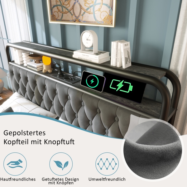 Merax Polsterbett Doppelbett mit aufladen USB Type C Ladefunktion APP-Control LED Bettgestell Metallbett 140×200 Bettrahmen und 4 Schubladen, Samt (Ohne Matratze) , Grau Bild 6