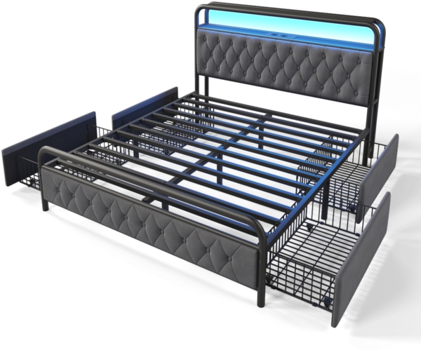 Merax Polsterbett Doppelbett mit aufladen USB Type C Ladefunktion APP-Control LED Bettgestell Metallbett 140×200 Bettrahmen und 4 Schubladen, Samt (Ohne Matratze) , Grau Bild 10