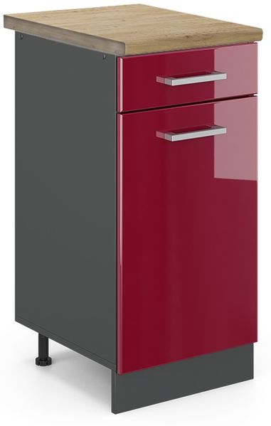 Küchenunterschrank R-Line Rot Hochglanz 40 cm , AP Eiche Vicco