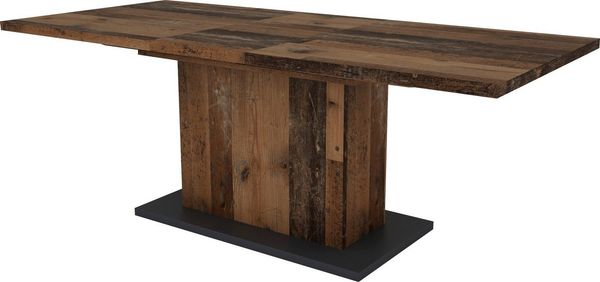 Esszimmertisch / in Old-Wood / großer Auszugstisch 160 cm bis 200 cm / Säulentisch mit Ausziehfunktion / Tisch mit Synchronauszug und Einlegeplatte / 160-200x90, H 75 cm